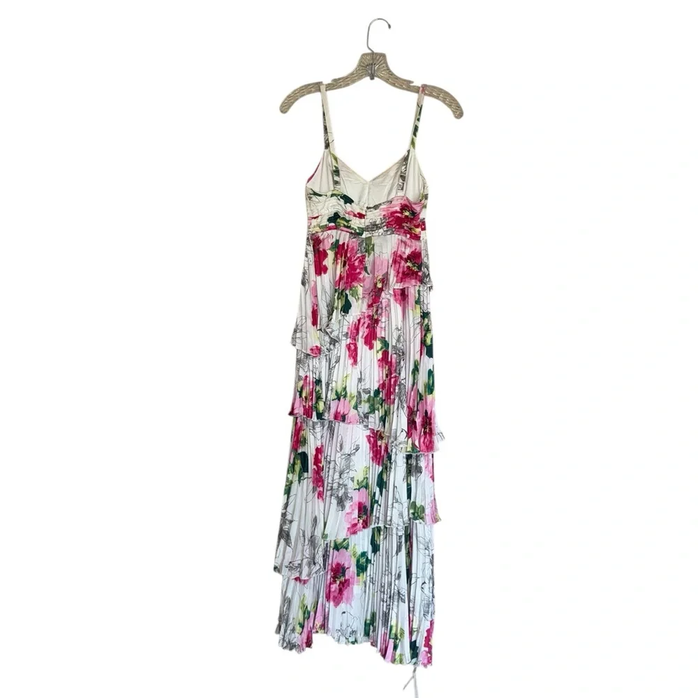 NWT Abercrombie & Fitch A&F Giselle Pleated Tiered Maxi Dress Satin White Floral